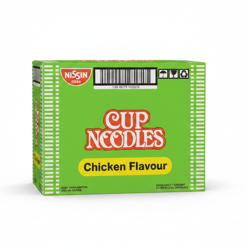 Nissin Cup Noodles Chicken Flavour packaging on a white background