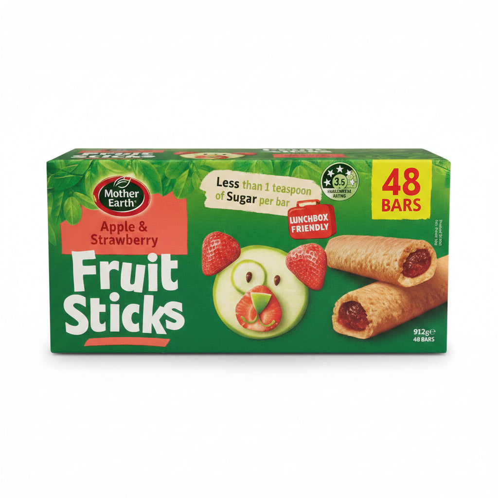 Box of Mother Earth Apple & Strawberry Fruit Sticks on a white background
