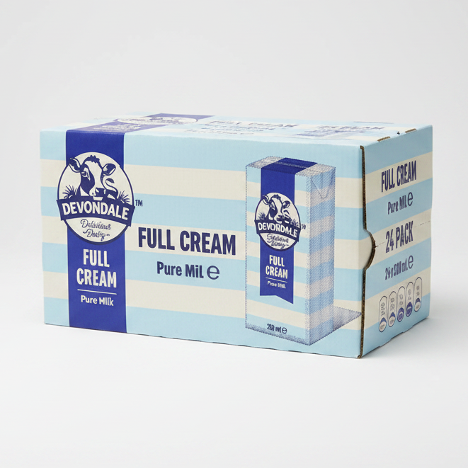 Box of Devondale full cream milk on a white background