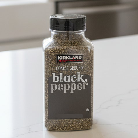 Kirkland Coarse Ground Black Pepper jar held in a hand with more jars in the background.