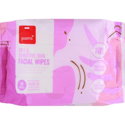 Pams Dry & Sensitive Skin Facial Wipes 30pk