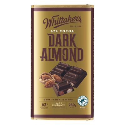 Whittaker's Dark Almond 62% Cocoa Dark Chocolate Block 250g