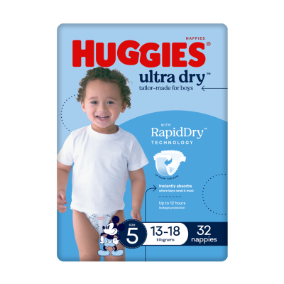 Huggies Ultra Dry Nappies For Boys Size 5 13-18kg 32pk