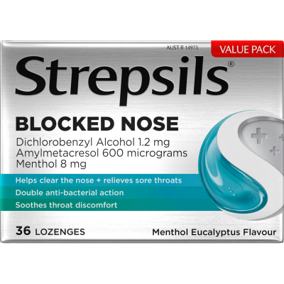 Strepsils Plus Blocked Nose Relief Menthol Eucalyptus Flavour Lozenges 36pk