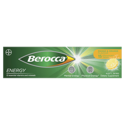 Berocca Energy Mango & Orange Flavour Effervescent Tablets 15pk