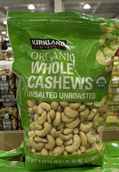 KIRKLAND SIGNATURE ORGANIC WHOLE CASHEWS UNSALTED UNROASTED 1.13KG