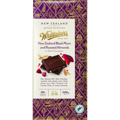 Whittaker's New Zealand Black Plum and Roasted Almonds 50% Dark Chocolate Block 100g