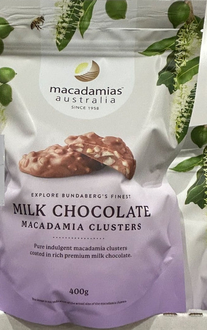 MACADAMIAS AUSTRALIA MILK CHOCOLATE MACADAMIA CLUSTERS 400G