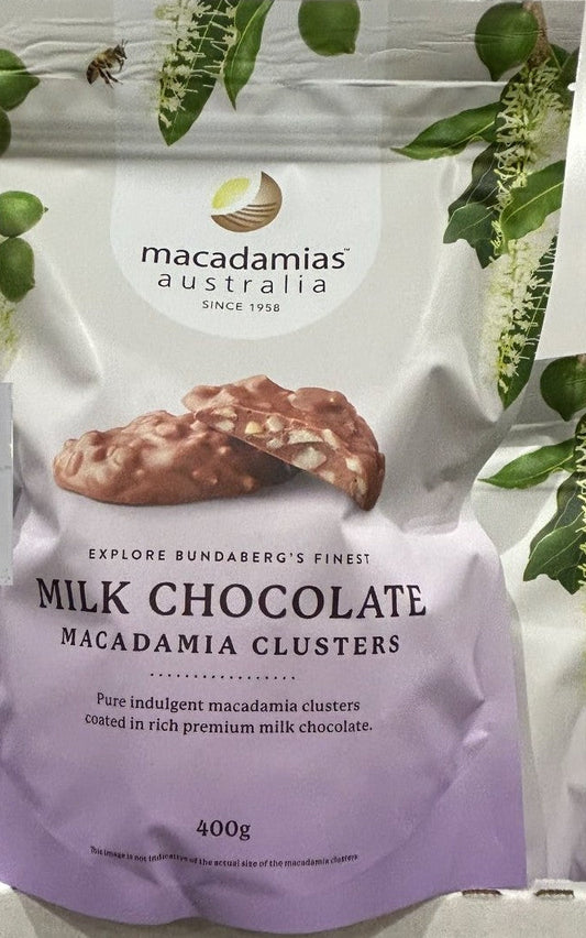 MACADAMIAS AUSTRALIA MILK CHOCOLATE MACADAMIA CLUSTERS 400G