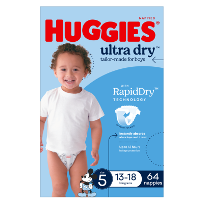 Huggies Ultra Dry Nappies For Boys Size 5 13-18kg 64pk