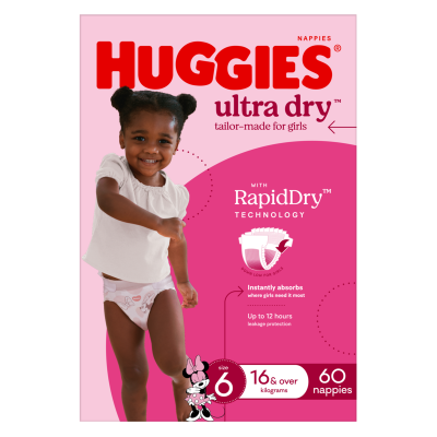 Huggies Ultra Dry Nappies For Girls Size 6 16kg+ 60pk