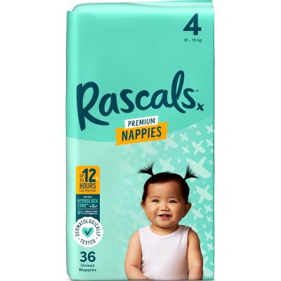 Rascals Premium Nappies Unisex Size 4 10-15kg Toddler 36pk