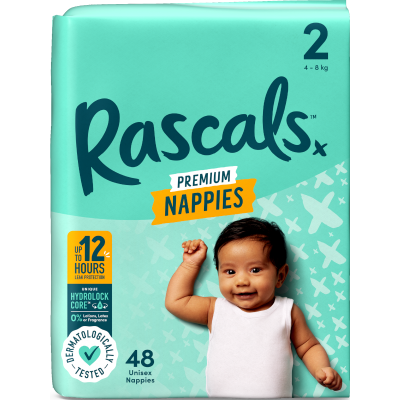 Rascals Premium Nappies Unisex Size 2 4-8kg Infant 48pk
