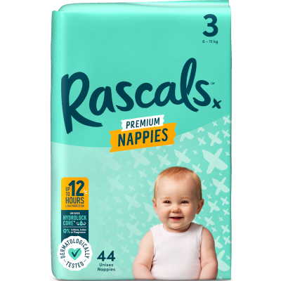 Rascals Premium Nappies Unisex Size 3 6-11kg Crawler 44pk