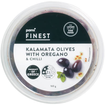 Pams Finest Kalamata Olives With Oregano & Chilli 160g