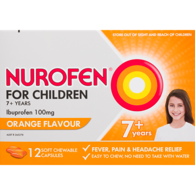 Nurofen For Children Ibuprofen 7+ Years Orange Chewable Capsules 12pk
