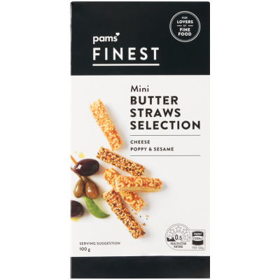 Pams Finest Cheese Poppy & Sesame Mini Butter Straws Selection 100G