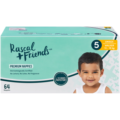 Rascal and Friends Premium Nappies Unisex 13-18kg Walker 64pk – GoPotatoes