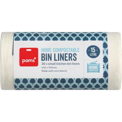 Pams Home Compostable Small Kitchen Bin Liners 450 X 510mm 30pk