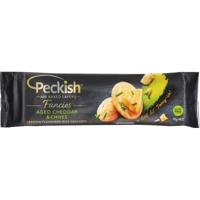 Peckish Fancies Aged Cheddar & Chives Premium Flavoured Rice Crackers 90g