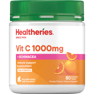 Healtheries Vit C 1000mg + Echinacea Orange Flavour Chewable Tablets 80pk