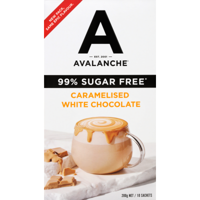 Avalanche 99% Sugar Free Caramelised White Choc Drinking Chocolate Sticks 10 x 20g