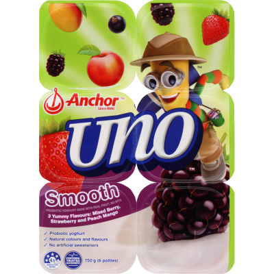Anchor Uno Mixed Berry Strawberry & Peach Mango Yoghurt 6 x 125g