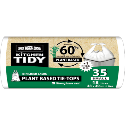 Big Black Sacks Kitchen Tidy Plant Based Tie-Tops Bin Liner Sacks Small 48 x 49cm 18 Litres 35pk