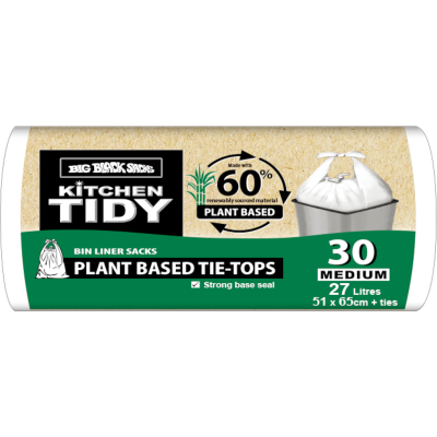 Big Black Sacks Kitchen Tidy Plant Based Tie-Tops Bin Liner Sacks Medium 51 x 65cm 27 Litres 30pk