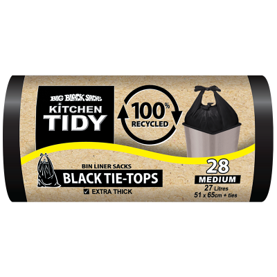 Big Black Sacks Kitchen Tidy Black Tie-Tops 100% Recycled Bin Liner Sacks Medium 51 x 65cm 28pk