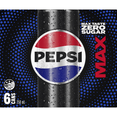Pepsi Max Zero Sugar Soft Drink Cans 6 x 250ml