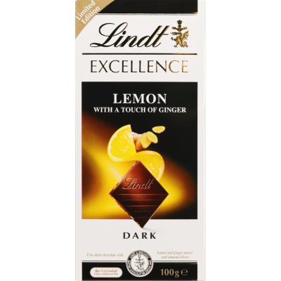 Lindt Excellence Lemon With Touch Of Ginger Dark Chocolate Block 100g