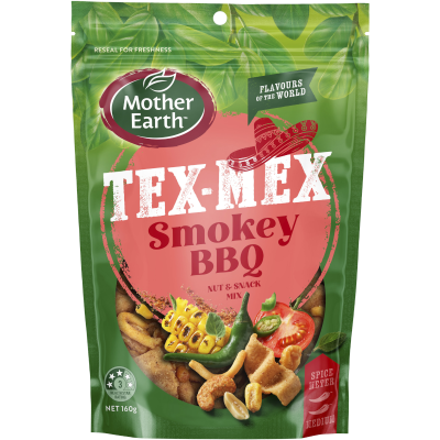 Mother Earth Flavours of the World Tex-Mex Smokey BBQ Nut & Snack Mix 160g