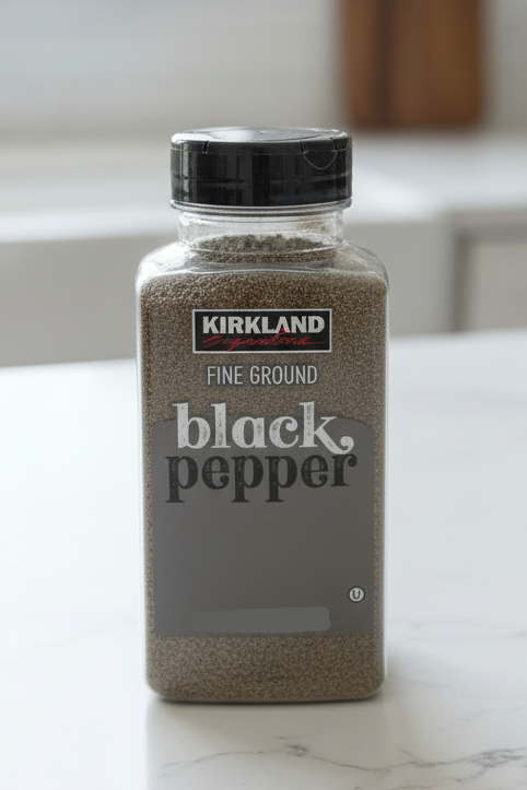 Kirkland Signature black pepper jar held in front of a shelf with more jars.