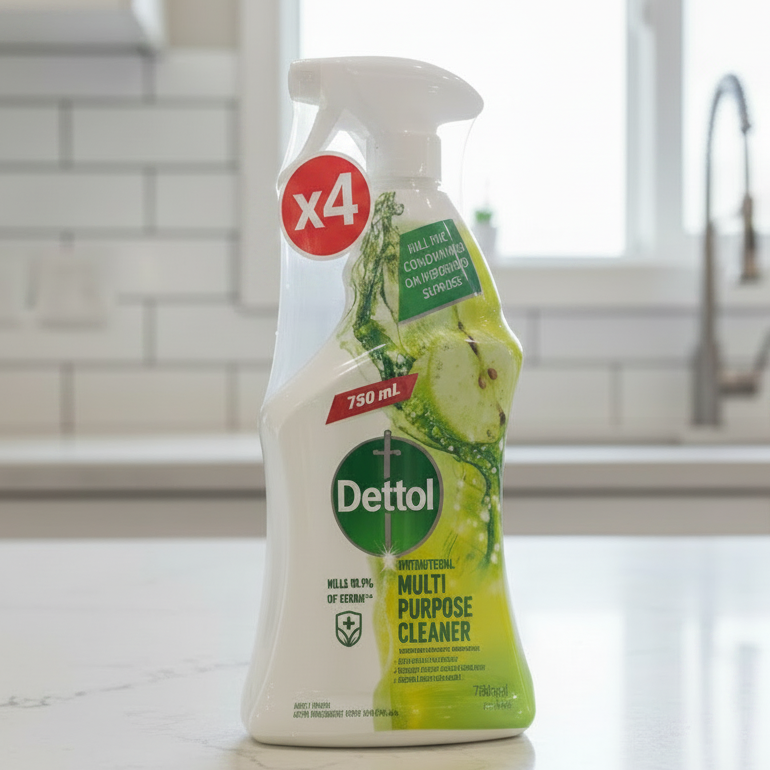 Dettol multi-purpose cleaner bottle on a kitchen counter