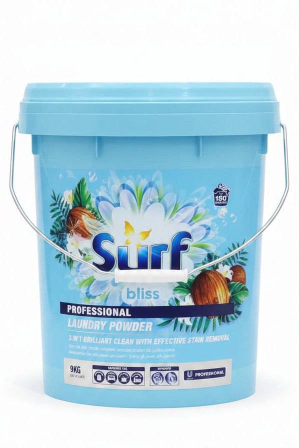 Blue Surf detergent bucket on a store shelf with pink buckets in the background
