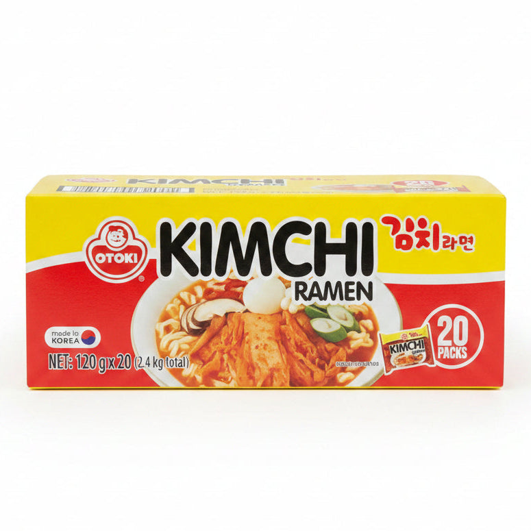 Boxes of Kimchi Ramen with a visible brand logo and product image.