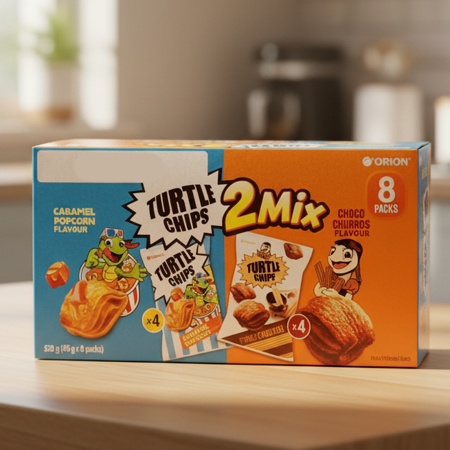 Box of Turtle Chips 2Mix on a kitchen counter with blurred background