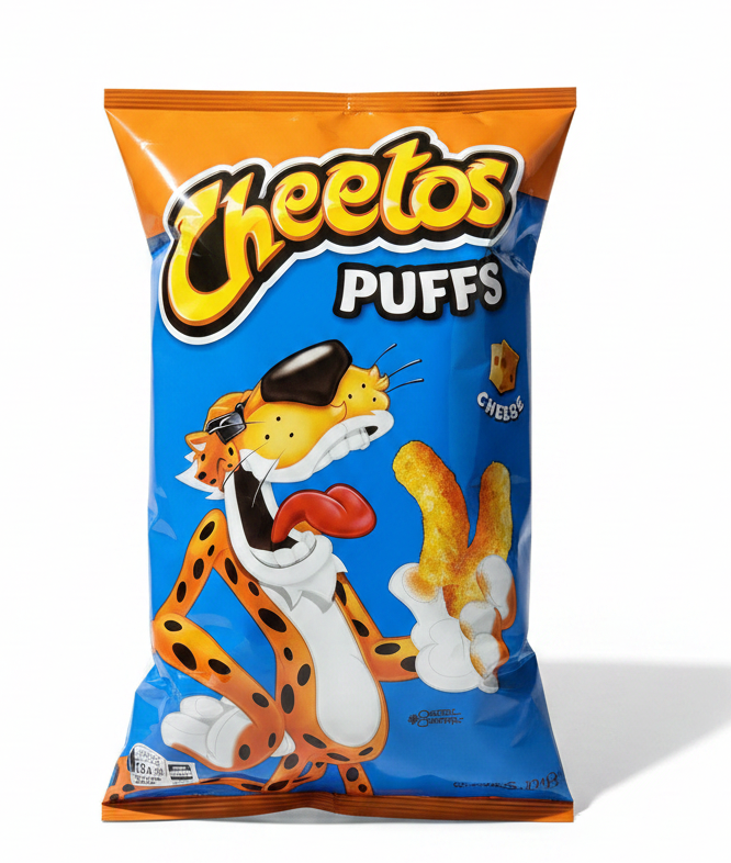 A bag of Cheetos Puffs in the Orange flavor, featuring the classic blue and orange packaging with the Cheetos character on the front, set against a plain white background with a soft shadow.