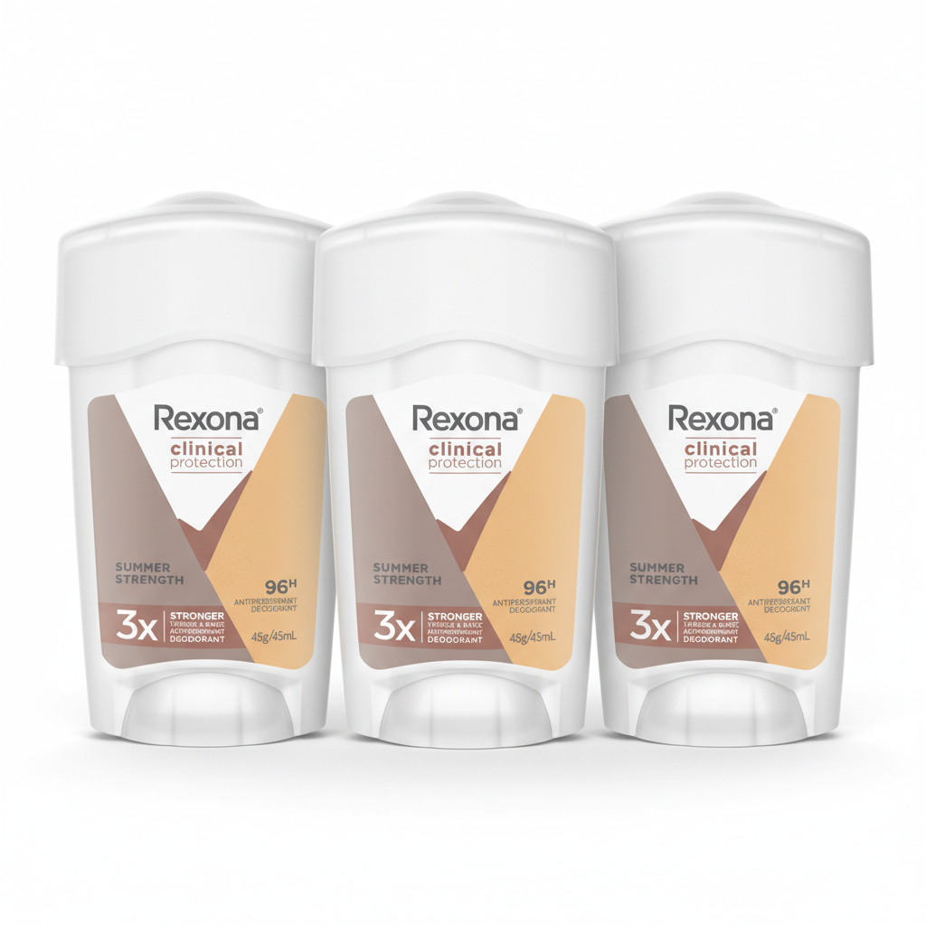 Rexona Clinical Protection Deodorant cream packaging, showing a white deodorant stick and the box with the product name and 'Summer Strength' tagline.