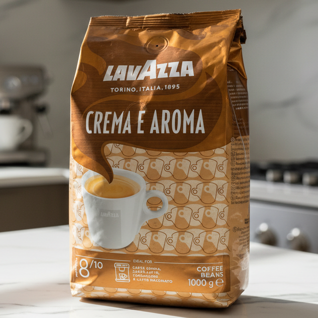 Lavazza Crema e Aroma coffee bag on a kitchen counter with a blurred background