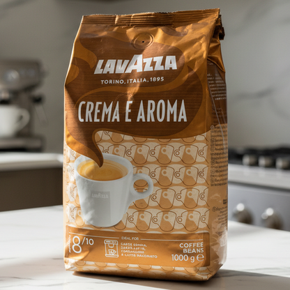 Lavazza Crema e Aroma coffee bag on a kitchen counter with a blurred background