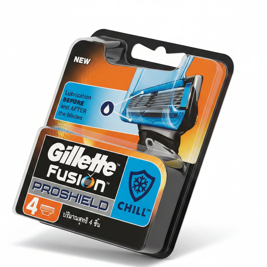 Pack of Gillette Fusion Proshield Chill razor blades on a beige background