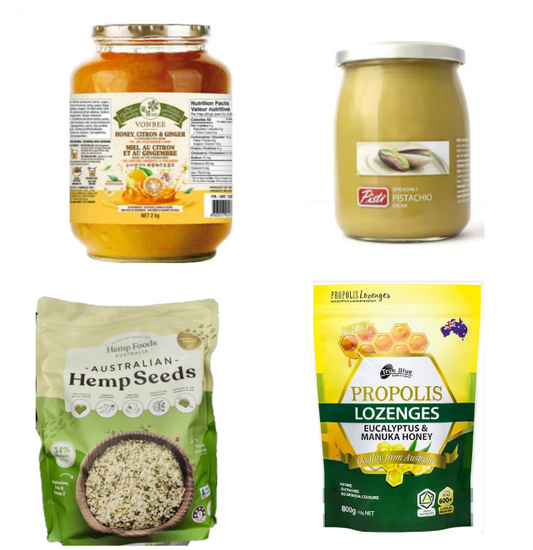 Wellness Bundle | Vonbee Citron & Ginger Honey, Pisti Pistachio, True Blue Propolis, Essential Hemp Seed