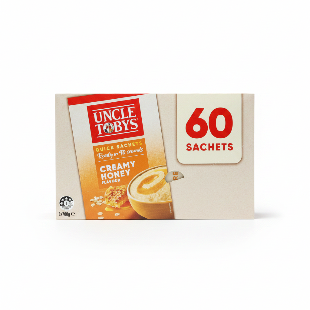 Uncle Toby's Creamy Honey flavor quick sachets packaging on a white background
