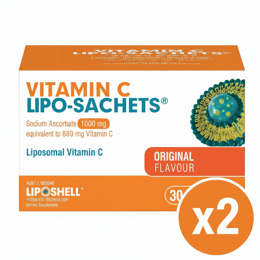 A box of Liposachets Vitamin C Original Flavour dietary supplement by Liposhell, featuring a white and orange design with a graphic of a liposome.