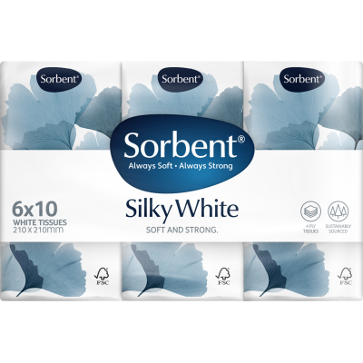 Sorbent Silky White Pocket Pack Tissues 6 x 10 sheets