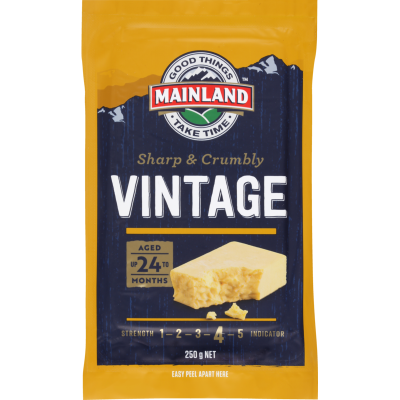 Mainland Sharp & Crumbly Vintage Cheddar Cheese 250g