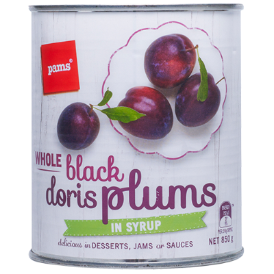 Pams Whole Black Doris Plums In Syrup 850g