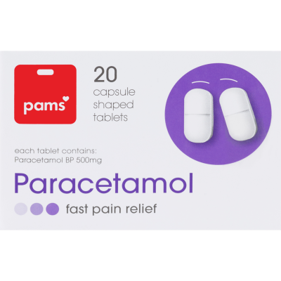 Pams Paracetamol BP 500mg Capsule Shaped Tablets 20pk